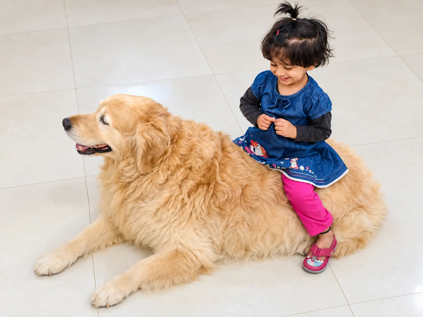 Pet Home Affairs Noida — golden retriever with child in cage-free home boarding